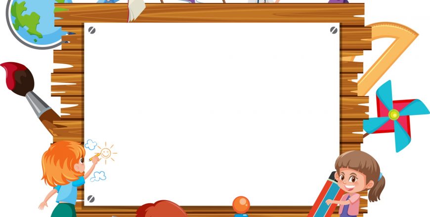 empty-wooden-frame-with-many-school-kids-cartoon-character-free-vector