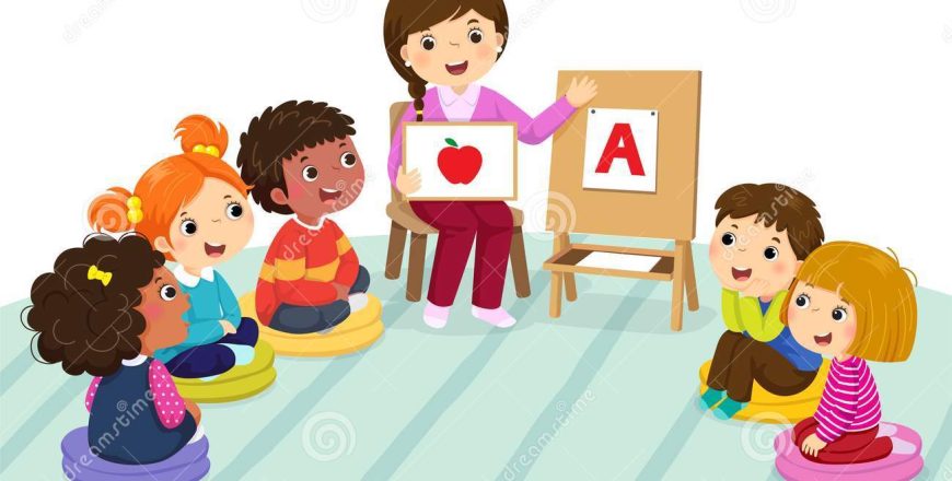 group-preschool-kids-teacher-sitting-floor-vector-illustration-explaining-alphabet-to-children-108205527